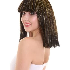 HPO Women's Cleopatra Bob With Gold Tinsel Highlights | Halloween Rave Wig
