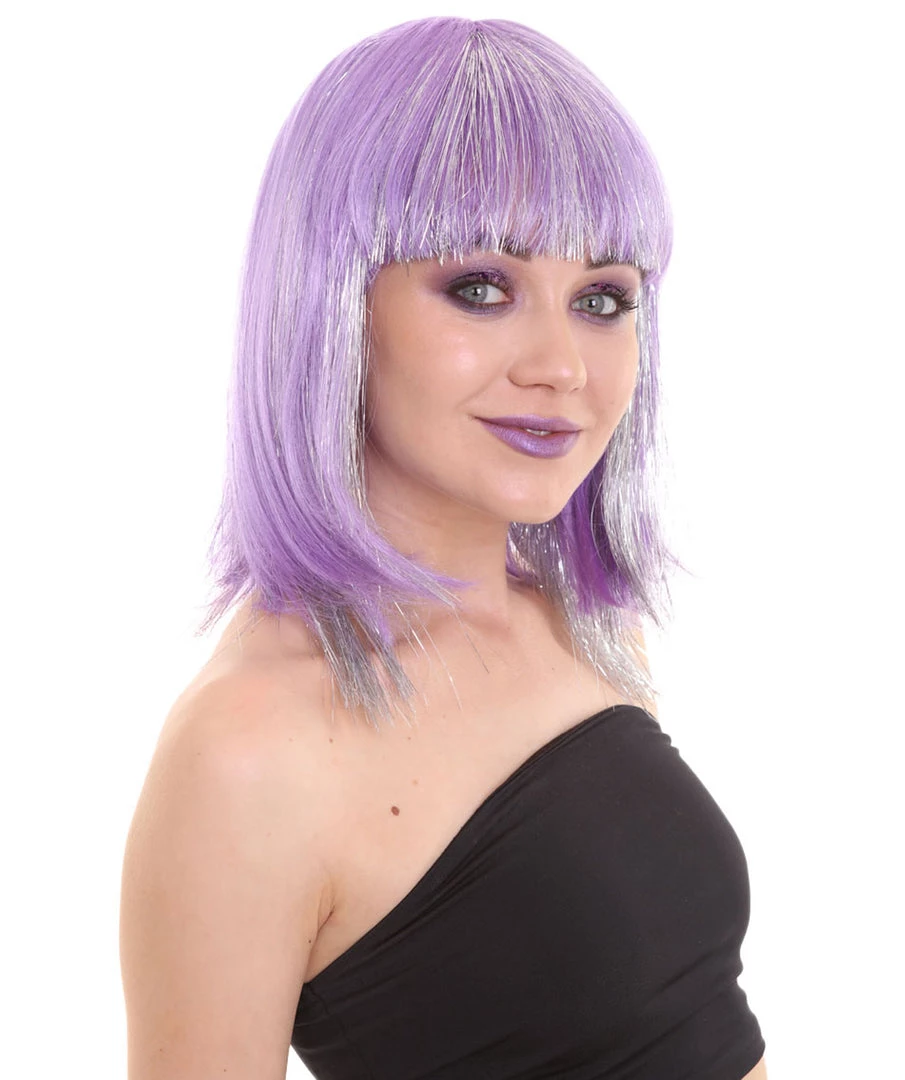 HPO Women's Long Violet 90's Bob With Silver Tinsel Highlights | Halloween Rave Wig | Premium Breathable Capless Cap