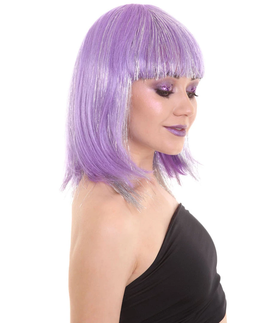 HPO Women's Long Violet 90's Bob With Silver Tinsel Highlights | Halloween Rave Wig | Premium Breathable Capless Cap