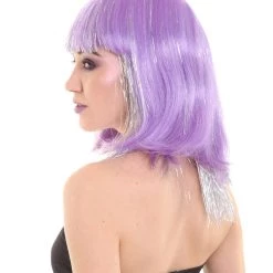 HPO Women's Long Violet 90's Bob With Silver Tinsel Highlights | Halloween Rave Wig | Premium Breathable Capless Cap