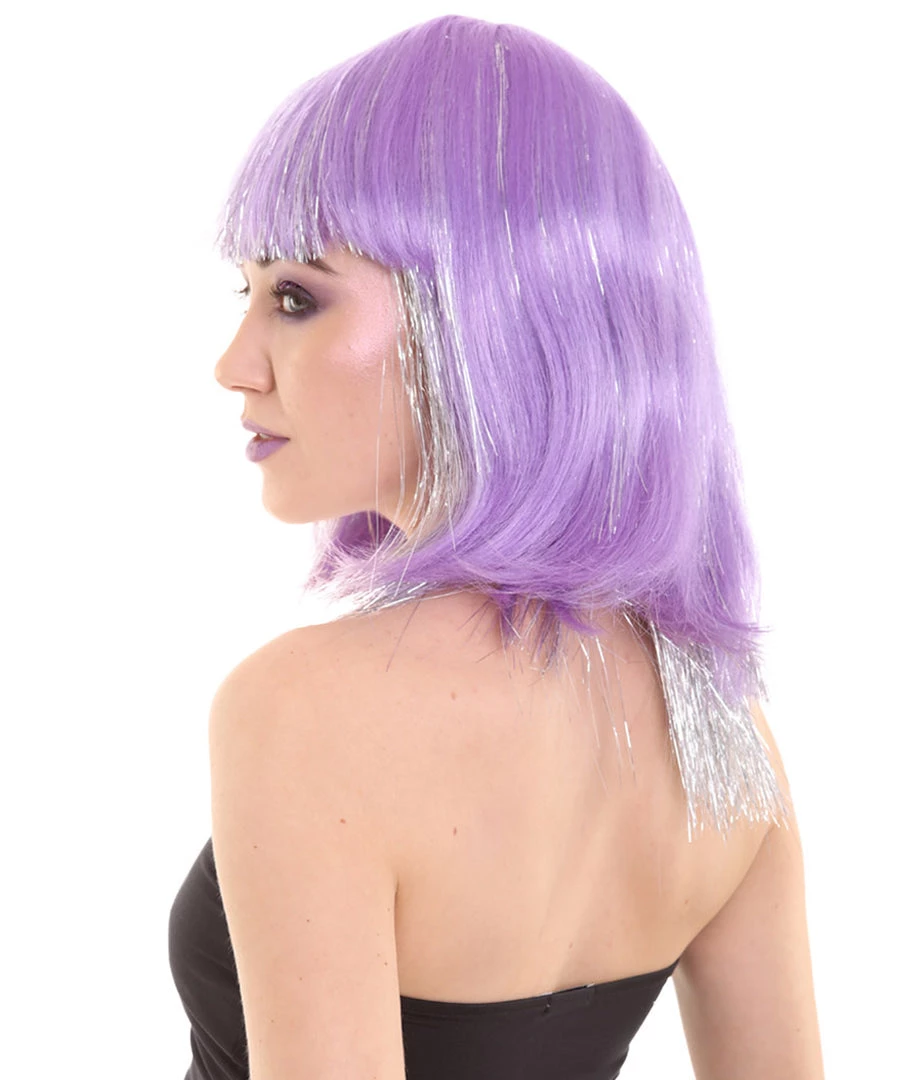HPO Women's Long Violet 90's Bob With Silver Tinsel Highlights | Halloween Rave Wig | Premium Breathable Capless Cap