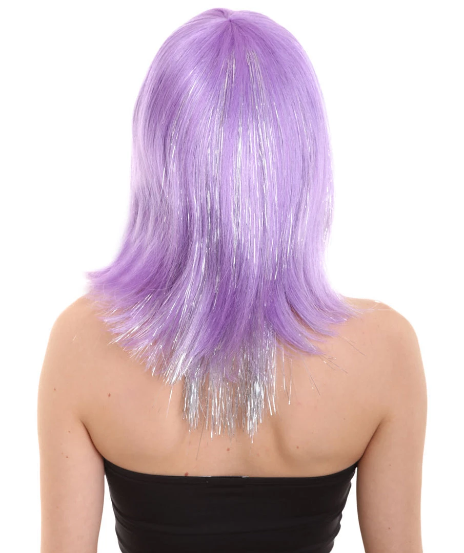 HPO Women's Long Violet 90's Bob With Silver Tinsel Highlights | Halloween Rave Wig | Premium Breathable Capless Cap
