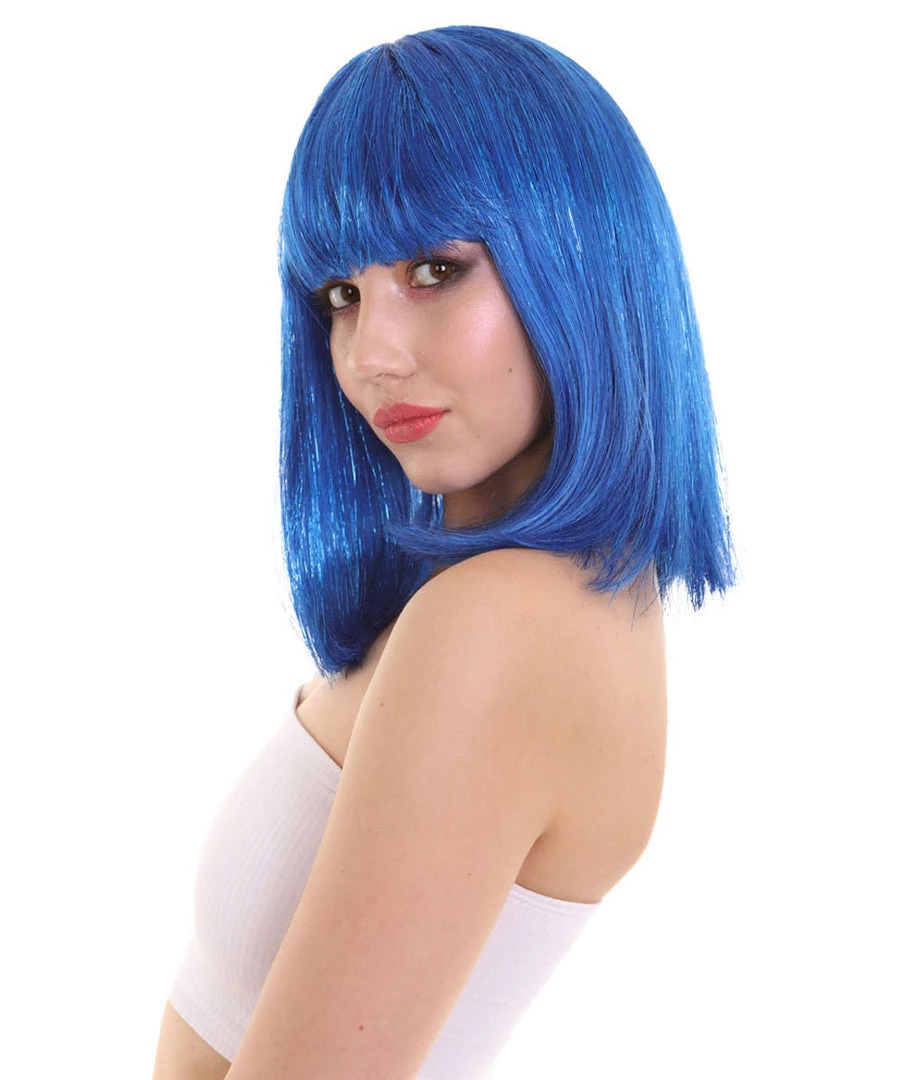 FLAGWIGS Women's Bright Blue Bob With Blue Tinsel | Sparkly Celebrity Halloween Wig | Premium Capless Cap