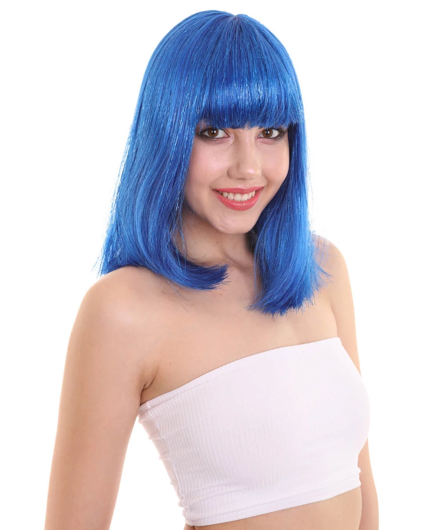 FLAGWIGS Women's Bright Blue Bob With Blue Tinsel | Sparkly Celebrity Halloween Wig | Premium Capless Cap