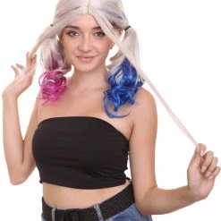 HPO Villain Womens Wig | White Pink Blue Ponitail Wig | Premium Breathable Capless Cap Women's