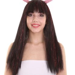 HPO Womens Long Red Tinsel Devil With Black Base And Horns | Halloween Rave Wig | Premium Breathable Capless Cap