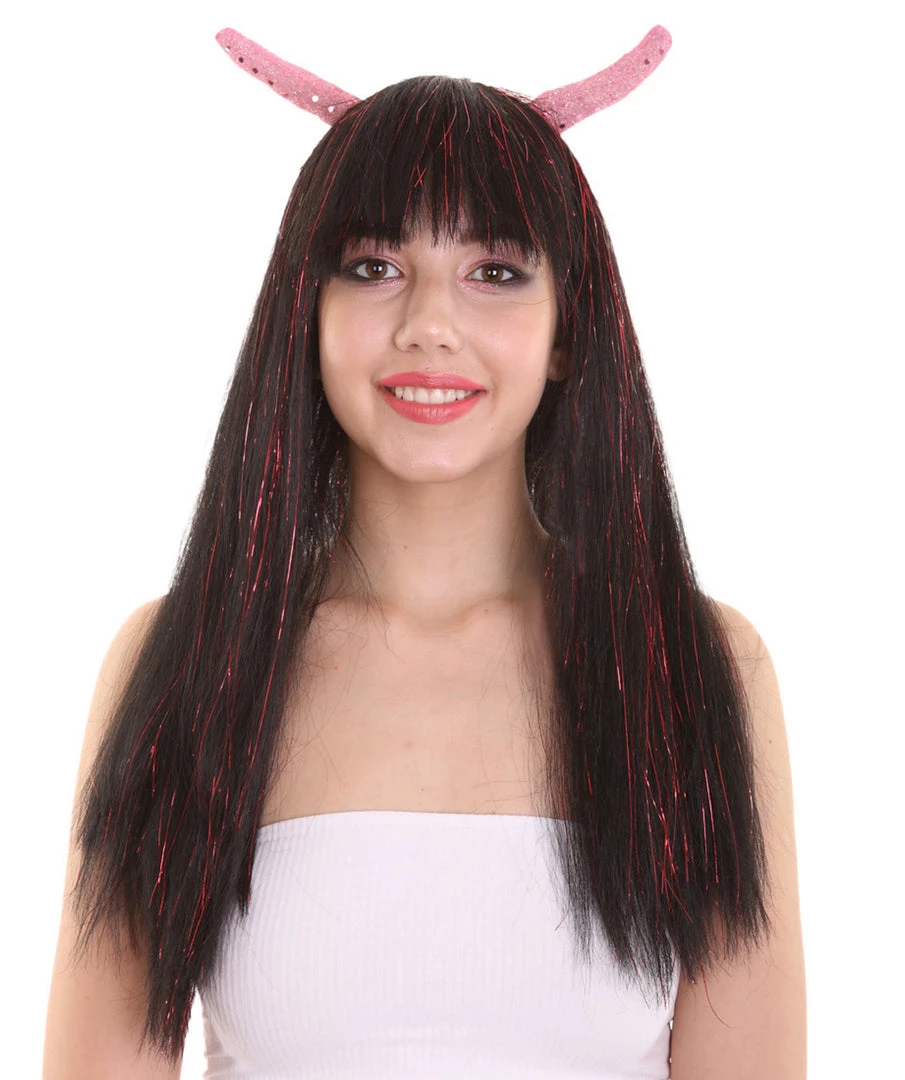 HPO Womens Long Red Tinsel Devil With Black Base And Horns | Halloween Rave Wig | Premium Breathable Capless Cap