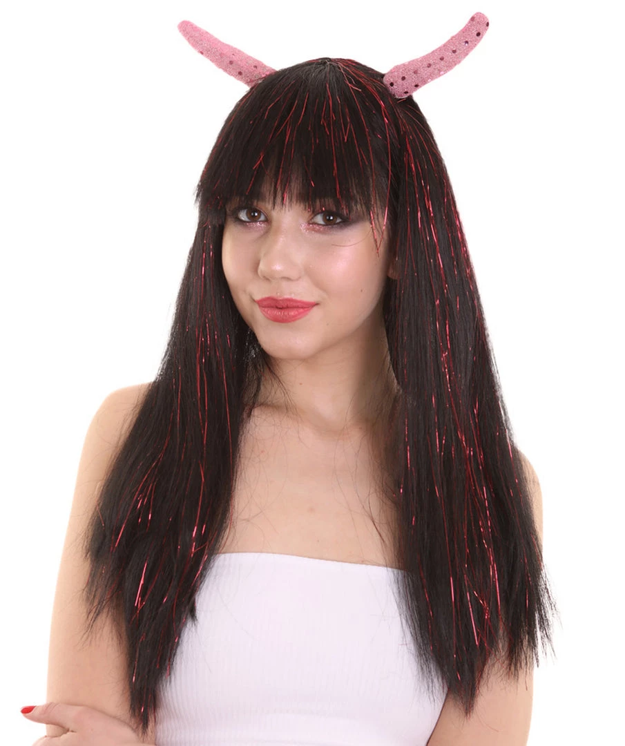 HPO Womens Long Red Tinsel Devil With Black Base And Horns | Halloween Rave Wig | Premium Breathable Capless Cap