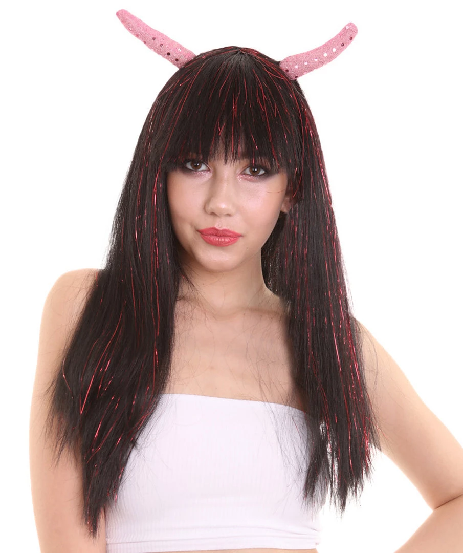 HPO Womens Long Red Tinsel Devil With Black Base And Horns | Halloween Rave Wig | Premium Breathable Capless Cap