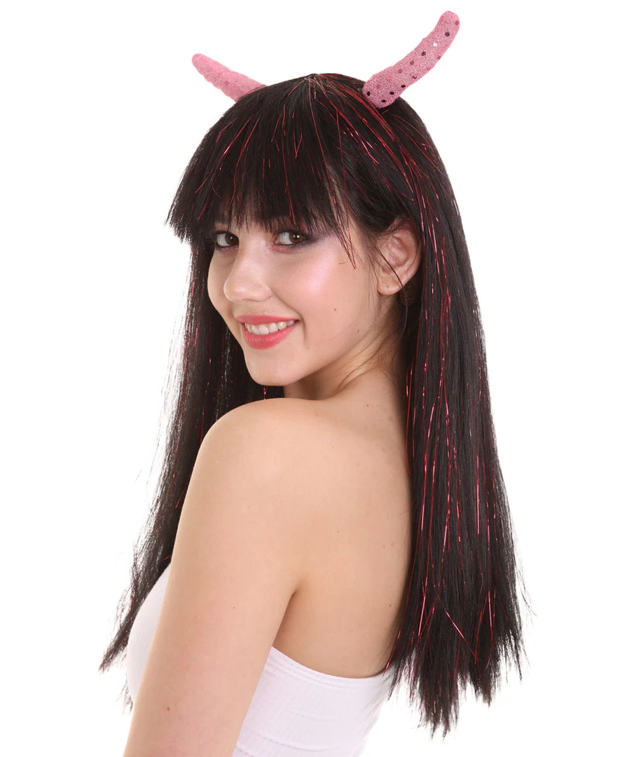 HPO Womens Long Red Tinsel Devil With Black Base And Horns | Halloween Rave Wig | Premium Breathable Capless Cap