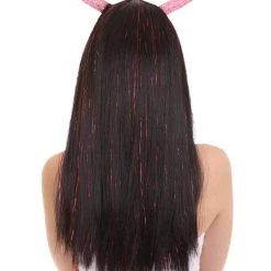 HPO Womens Long Red Tinsel Devil With Black Base And Horns | Halloween Rave Wig | Premium Breathable Capless Cap