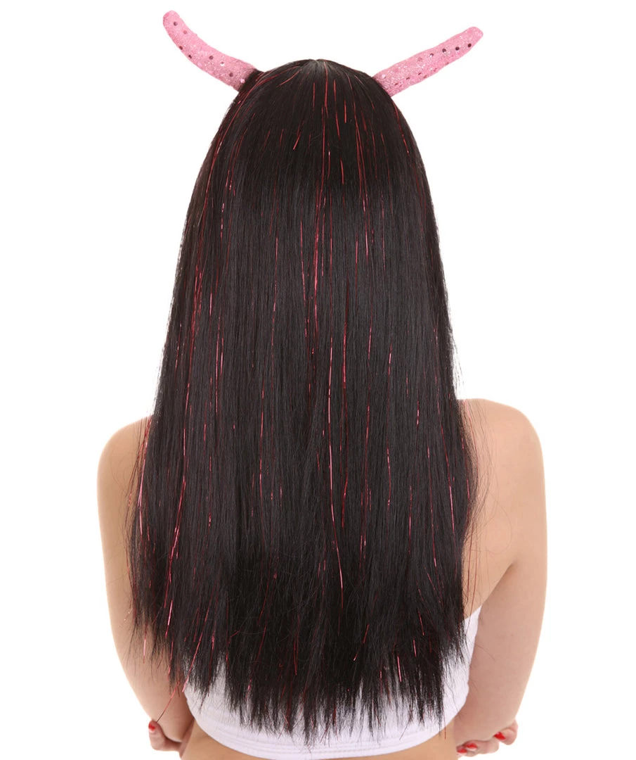 HPO Womens Long Red Tinsel Devil With Black Base And Horns | Halloween Rave Wig | Premium Breathable Capless Cap