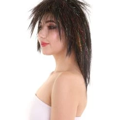 HPO Womens Black Rave Mullet With Gold Iridescent Tinsel Highlights | Halloween Rave Wig | Premium Breathable Capless Cap