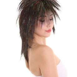 HPO Womens Black Rave Mullet With Gold Iridescent Tinsel Highlights | Halloween Rave Wig | Premium Breathable Capless Cap