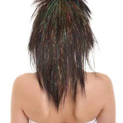 HPO Womens Black Rave Mullet With Gold Iridescent Tinsel Highlights | Halloween Rave Wig | Premium Breathable Capless Cap