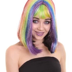 PRYZM Women's Rainbow Tinsel Bob With Bangs | Rave Wig | Premium Breathable Capless Cap