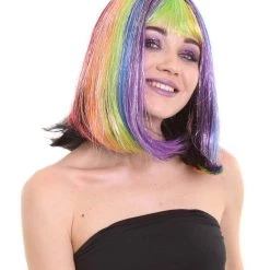 PRYZM Women's Rainbow Tinsel Bob With Bangs | Rave Wig | Premium Breathable Capless Cap