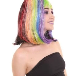 PRYZM Women's Rainbow Tinsel Bob With Bangs | Rave Wig | Premium Breathable Capless Cap
