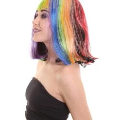 PRYZM Women's Rainbow Tinsel Bob With Bangs | Rave Wig | Premium Breathable Capless Cap