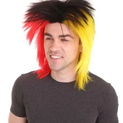 HPO Sport Party Mens Mullet Wig | Red Yellow Black Wig | Premium Breathable Capless Cap Men's