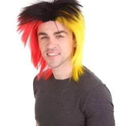 HPO Sport Party Mens Mullet Wig | Red Yellow Black Wig | Premium Breathable Capless Cap Men's