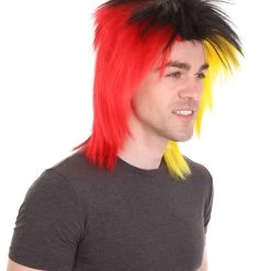 HPO Sport Party Mens Mullet Wig | Red Yellow Black Wig | Premium Breathable Capless Cap Men's