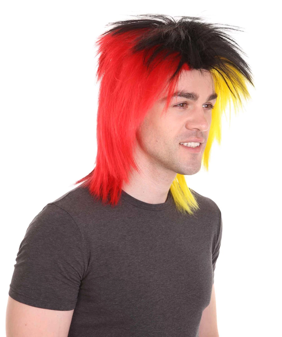 HPO Sport Party Mens Mullet Wig | Red Yellow Black Wig | Premium Breathable Capless Cap Men's