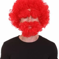 HPO Men's Afro Wig With Eyebrow Full Mustache And Beard Set Red | Halloween Wig