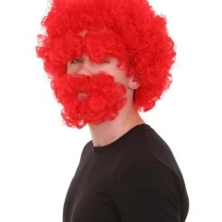 HPO Men's Afro Wig With Eyebrow Full Mustache And Beard Set Red | Halloween Wig