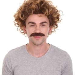 HPO Comedy TV | Mens Pro Wrestler Short Brown Curly Afro Wig And Mustache Men's