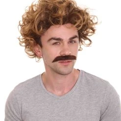 HPO Comedy TV | Mens Pro Wrestler Short Brown Curly Afro Wig And Mustache Men's