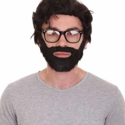 HPO Crime TV | Men's Medium Length Side Part Black Straight Bearded Cosplay Wig With Black Glasses