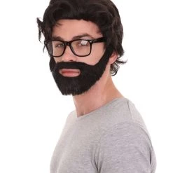 HPO Crime TV | Men's Medium Length Side Part Black Straight Bearded Cosplay Wig With Black Glasses