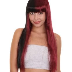 HPO Long Black And Red Womens Wig | Movie Character Cosplay Halloween Wig | Premium Breathable Capless Cap