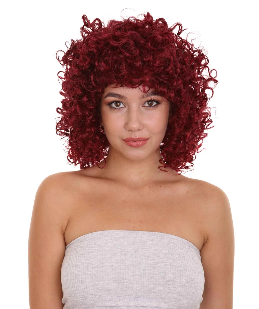 HPO Dancehall Diva Womens Wig | Burgundy Curly Character Cosplay Halloween Wig | Premium Breathable Capless Cap