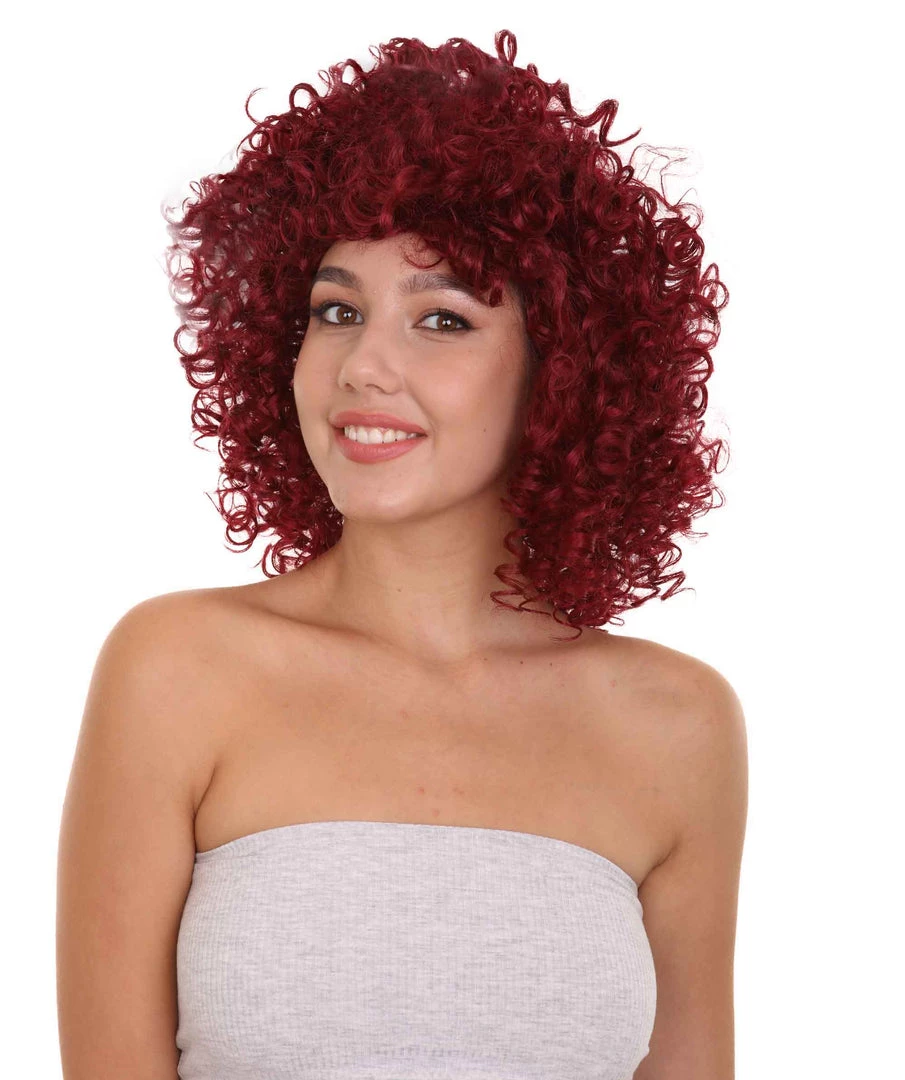 HPO Dancehall Diva Womens Wig | Burgundy Curly Character Cosplay Halloween Wig | Premium Breathable Capless Cap