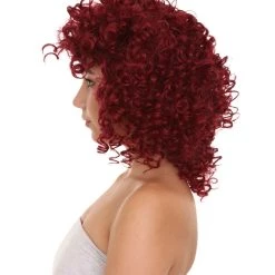 HPO Dancehall Diva Womens Wig | Burgundy Curly Character Cosplay Halloween Wig | Premium Breathable Capless Cap