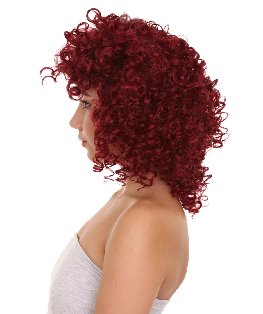 HPO Dancehall Diva Womens Wig | Burgundy Curly Character Cosplay Halloween Wig | Premium Breathable Capless Cap