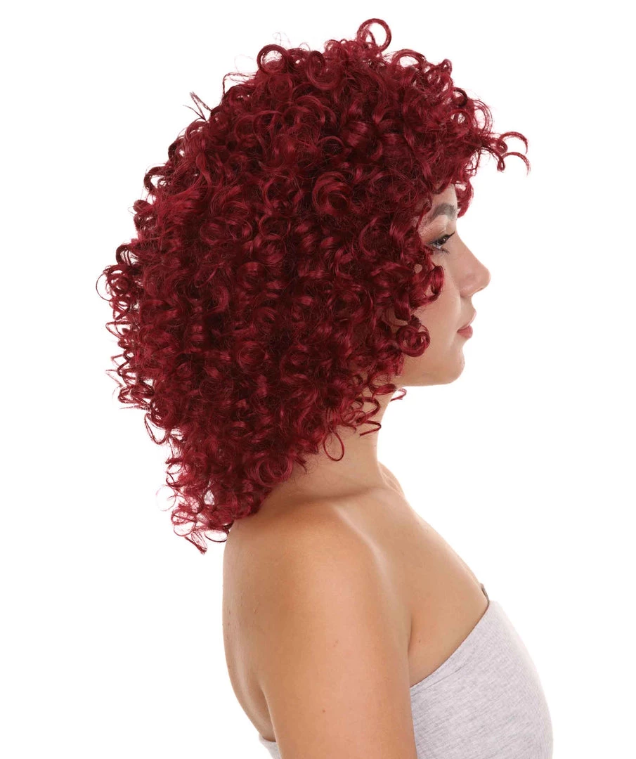 HPO Dancehall Diva Womens Wig | Burgundy Curly Character Cosplay Halloween Wig | Premium Breathable Capless Cap