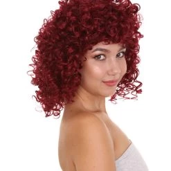 HPO Dancehall Diva Womens Wig | Burgundy Curly Character Cosplay Halloween Wig | Premium Breathable Capless Cap