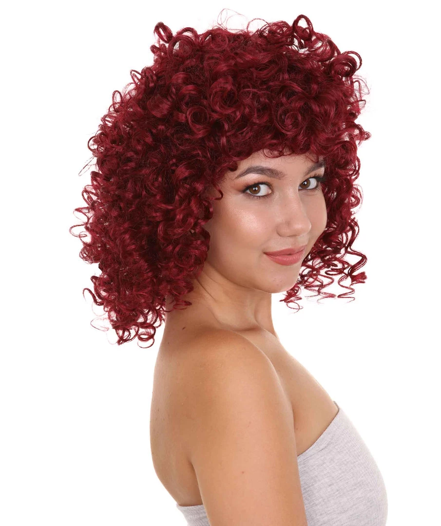 HPO Dancehall Diva Womens Wig | Burgundy Curly Character Cosplay Halloween Wig | Premium Breathable Capless Cap