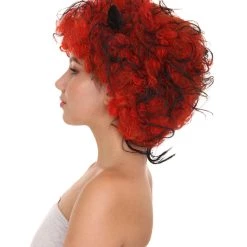 HPO Womens Devil Wig With Horns | Jumbo Super Size Afro Almost Red Halloween Wig | Premium Breathable Capless Cap Women's