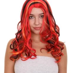 HPO Red Multicolor Womens Wig | Long Curly Party Ready Fancy Cosplay Halloween Wig | Premium Breathable Capless Cap