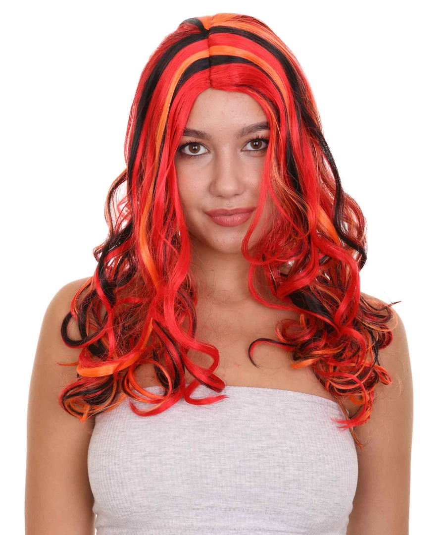 HPO Red Multicolor Womens Wig | Long Curly Party Ready Fancy Cosplay Halloween Wig | Premium Breathable Capless Cap