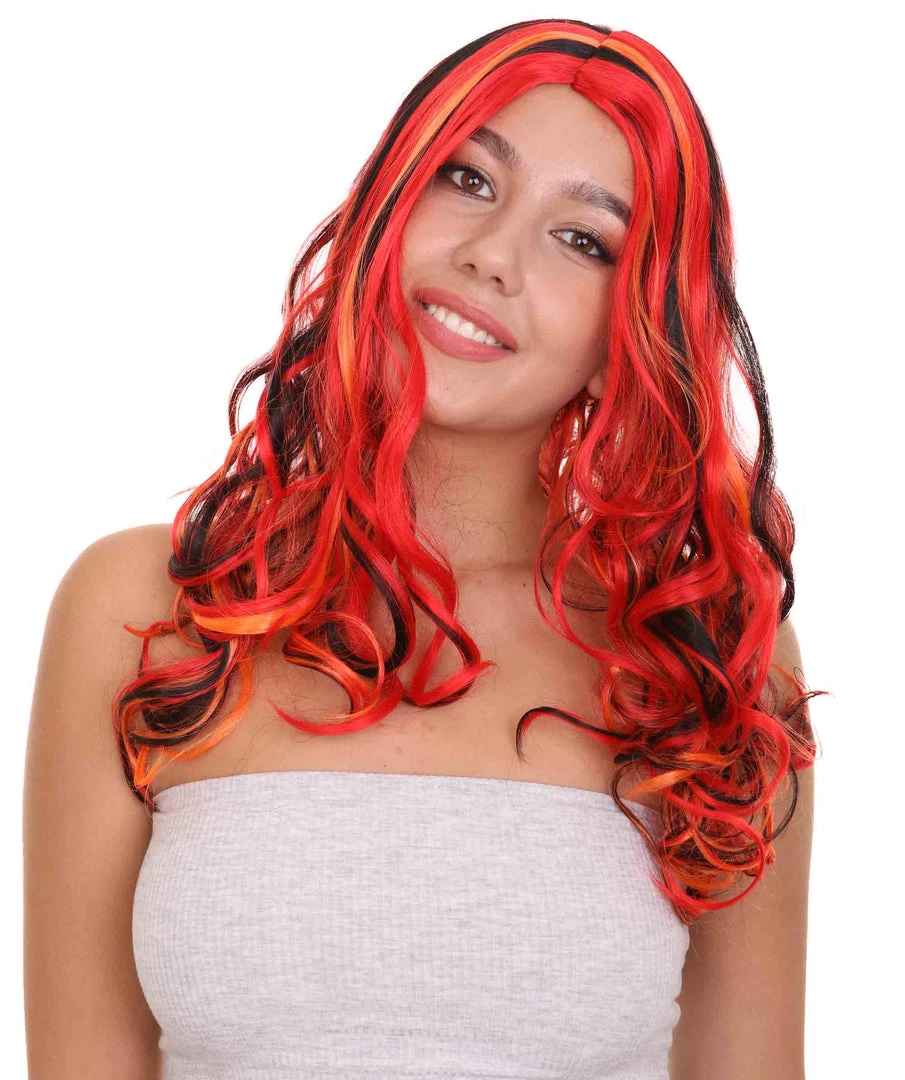 HPO Red Multicolor Womens Wig | Long Curly Party Ready Fancy Cosplay Halloween Wig | Premium Breathable Capless Cap