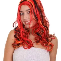 HPO Red Multicolor Womens Wig | Long Curly Party Ready Fancy Cosplay Halloween Wig | Premium Breathable Capless Cap