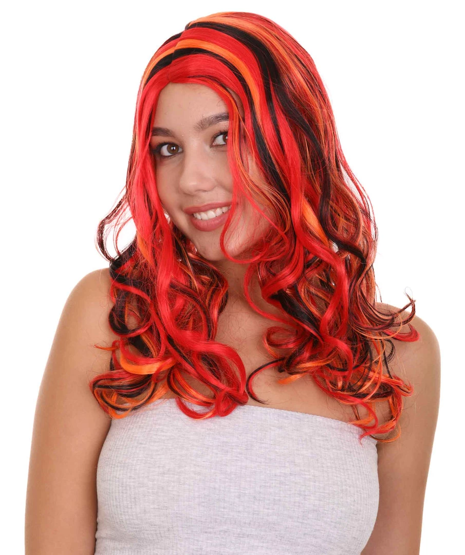 HPO Red Multicolor Womens Wig | Long Curly Party Ready Fancy Cosplay Halloween Wig | Premium Breathable Capless Cap