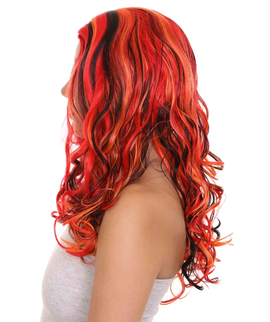 HPO Red Multicolor Womens Wig | Long Curly Party Ready Fancy Cosplay Halloween Wig | Premium Breathable Capless Cap