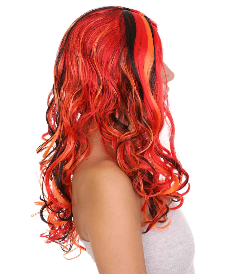HPO Red Multicolor Womens Wig | Long Curly Party Ready Fancy Cosplay Halloween Wig | Premium Breathable Capless Cap