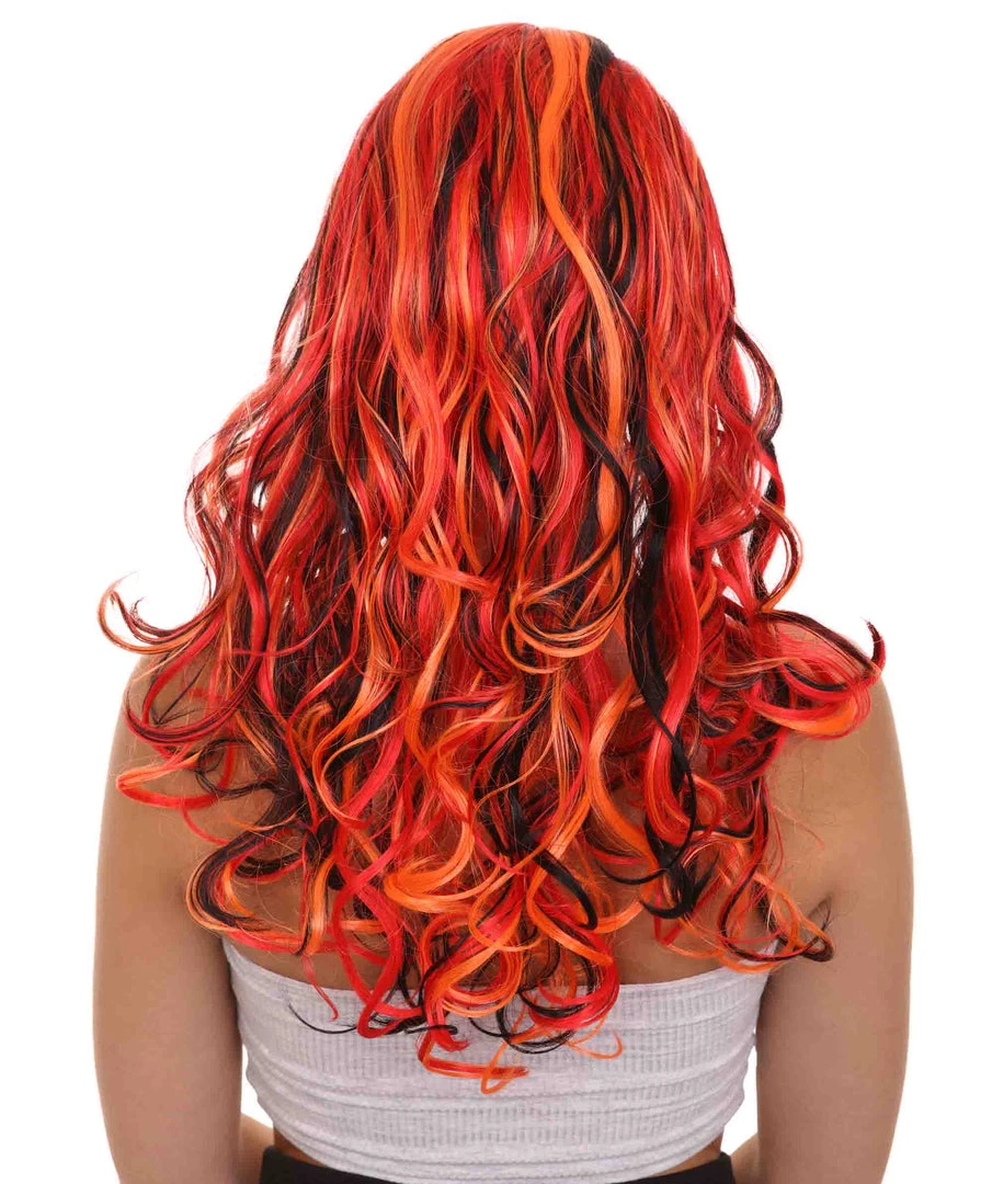 HPO Red Multicolor Womens Wig | Long Curly Party Ready Fancy Cosplay Halloween Wig | Premium Breathable Capless Cap